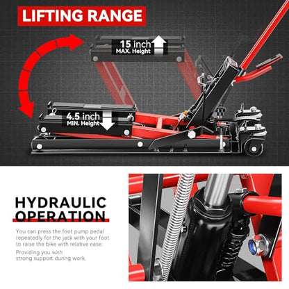 Auto Dynasty Hydraulic Motorcycle Lift Jack, 1500LBS Capacity Low Profile Steel ATV Lifts Stand Hoist with Wheels and Handle for Motorcycles, Bicycles, ATVs, UTVs, Dirt Bikes, Red - size: 1500 LBS