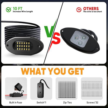 Honalia White LED Rock Lights Kits 8 Pods, 6000K Pure White Rock Lights with Switch - color: Pure White, size: 8 Pods