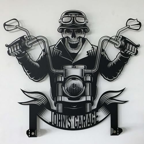 Custom Metal Skull Garage Wall Hanger – Personalized “Your Name Garage” Helmet and Jacket Rack – Handmade Laser Cut Black Steel Wall Art for Motorcycle Lovers Gift (79X89cm/31X40 Inches) - size: 79X89cm/31X40 Inches