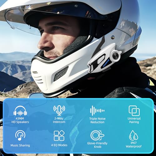 Motorcycle Bluetooth Headset with 43mm Helmet Speakers, 2-Way Helmet Intercom Communication System with Noise Cancellation, Music Sharing, FM, IP67 Waterproof (White,1-Pack) - color: White