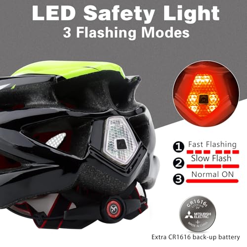 Bike Helmet Men Women, Shinmax Bicycle Helmet with Rear Light and Detachable Visor - color: Black/Green, size: Medium (54-58 cm)