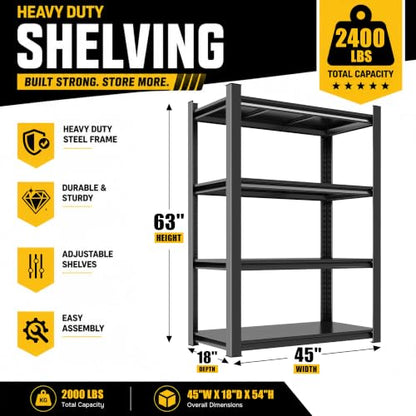 Heavy Duty Garage Shelving, 4-Tier Metal Garage Storage Shelves, Adjustable Steel Shelving Unit, Wide Storage Rack for Garage Warehouse Workshop, Black, 45" W x 18" D x 63" H - size: 4TIER-45"W X 18"D X 63"H