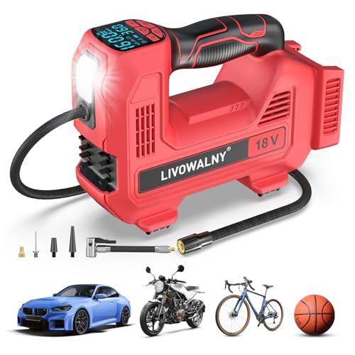 Cordless Tire Inflator Portable Air Compressor Tire Air Pump Compatible With Milwaukee 18V Battery- LIVOWALNY 160PSI Auto Pump with Digital Pressure Gauge for Car Tires, Bicycle, Balloons (Tool Only) - color: Red