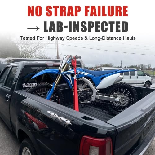 AWELCRAFT Motorcycle Tie Down Straps (2 Pack),3300lb Break Strength,1.5in x 8FT Steel Cambuckle Dirtbike Strap,Integrated Soft Loops & Double S-Hooks with Safety Clips,Lab Tested,Red - color: Red
