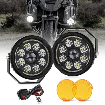 BraveWAY [Strobe] Motorcycle Auxiliary Lights with DRL, 4.5 inch LED Fog Lights, Spot+Flood White Driving Light for ADV Adventure Touring Motorcycle ATV UTV LED Bar 2PCS(+Wiring Harness) - size: 4.5 inch White/Yellow for MC