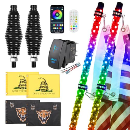 2 Pack 4FT Whip Lights with Spring Base,LED Whip Light with App & Remote Control, Spiral RGB Chasing Lighted Whips with Rocker Switch, Music Whip Light for UTV ATV Polaris RZR Can-Am SXS Truck - size: 4FT / (Pack of 2)