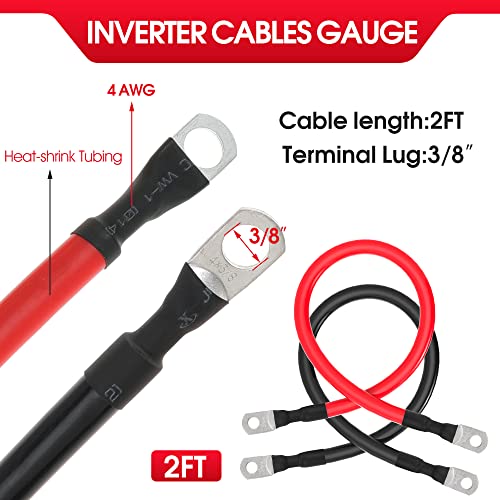 4 AWG Battery Cable 4AWG Gauge Pure Copper Battery Inverter Cables with 3/8 in Lugs Both Ends Power Inverter Wire Set for Automotive Solar Marine Boat RV Car Motorcycle Red and Black (2FT) - size: 2ft