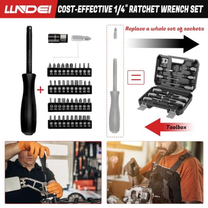 LLNDEI 3/8”Drive Impact Socket Set,Standard SAE(5/16 to 3/4-Inch) Metric Size(8-22mm), 95 Piece, CR-V Steel Deep&Shallow Kit, Adapters, Ratchet Handle, Screwdriver Bit Set, Spark Plug Socket, 6 Point - size: 95-Piece 3/8" Drive Impact Socket Set