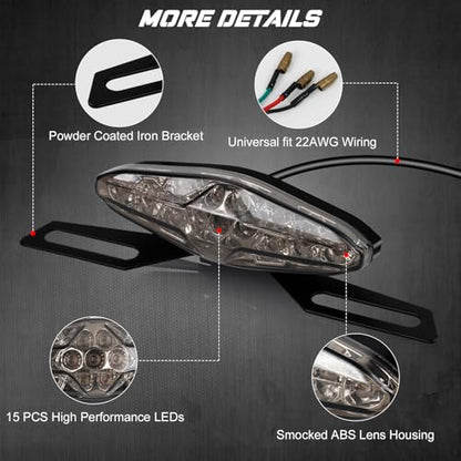 NTHREEAUTO Universal Motorcycle Tail Light LED Brake Running Lights with License Plate Bracket, ATV Dirt Bike Taillight Compatible with Honda Yamaha Suzuki Quad Chopper Turing Cruiser Off-Road