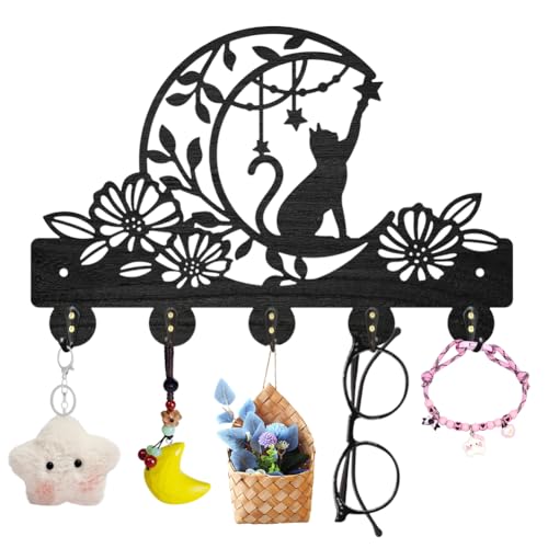 MAYJOYDIY Cat Moon Flower Coat Rack Wall Mount Black Animal Wood Key Hanger | 11.8×7.9In Wood Mounted Hanger, Full Screw Anchor Spacer Screwdriver Kit, Sturdy 5 Alloy Hooks, Decorate Hallway Kitchen Wall - color: Cat