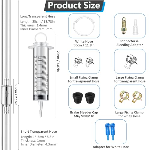 Brake Bleeder Hose Kit, Includes One Way Check Valve, Soft Hose, 100ml Syringe, Clamps, Connector, and Exhaust Cap for Car Motorcycle Brake Fluid Bleeding