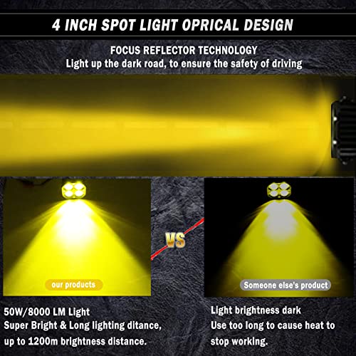 4" Amber Square Pod Lights 2PCS 40W 5050 LED Yellow Spot Lens Beam Off Road Driving Light Fog Light with Strobe Harness for Car Truck Off Road ATV UTV Boat Only Motorbike（12-24V）