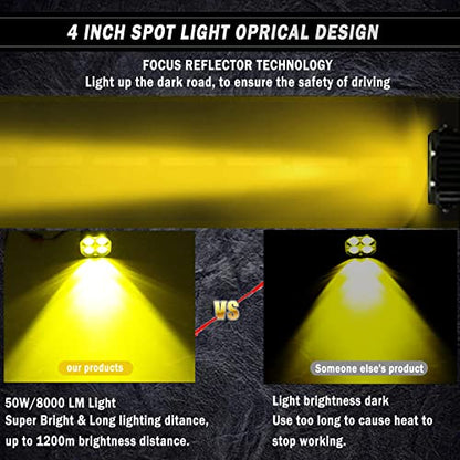 4" Amber Square Pod Lights 2PCS 40W 5050 LED Yellow Spot Lens Beam Off Road Driving Light Fog Light with Strobe Harness for Car Truck Off Road ATV UTV Boat Only Motorbike（12-24V）