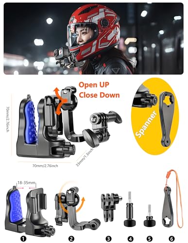 Helmet Clamp Mount for GoPro Go Pro with 360° Rotating Bracket, Curved Flat Adhesive Mounts, Quick Release Buckle, Thumb Screw, Tripod & 1/4" Screw Mount Adapter Kit for Phone Action Camera DJI