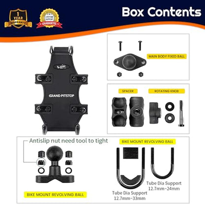 GRAND PITSTOP Motorcycle Phone Mount Holder with 8 Clamps 100mph Military Anti-Shake Bike Phone Holder, 10s Quick Install Handlebar Phone Mount, Compatible with iPhone, Samsung, All Phones (Black)