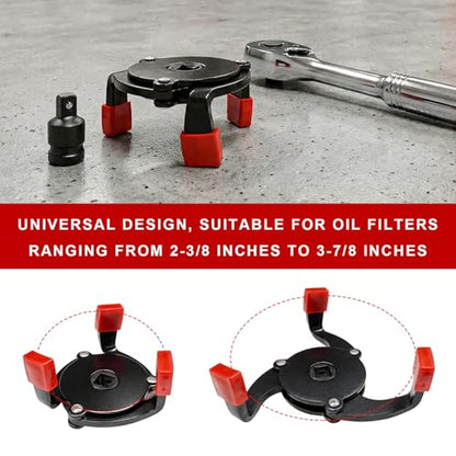 Universal Oil Filter Wrench, Adjustable 3-Jaw Auto Oil Filters Removal Tool with 1/2" to 3/8" Adapter, Heavy-Duty Engine Filter Change Tool Range 2.3" to 4.3" for Most Cars