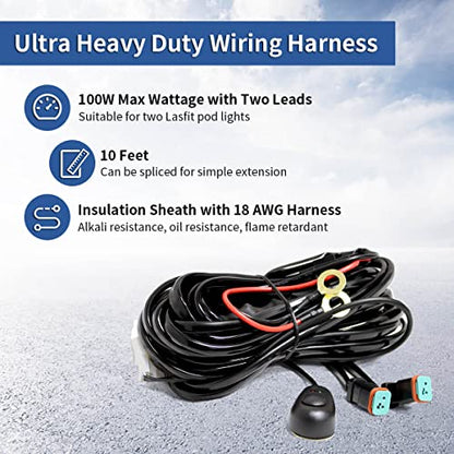 LASFIT Wiring Harness Kit LED Pod Lights 12V On Off Switch Power Relay Blade Fuse 18AWG for Off Road Lights LED Work Light-2 Leads - size: 2 LEADS-100W