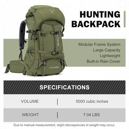 MOXULE Pro 5000 Frame Backpack - Meat Hauler Pack with Rain Cover for Outdoor- Lightweight, Green - color: Green 80l