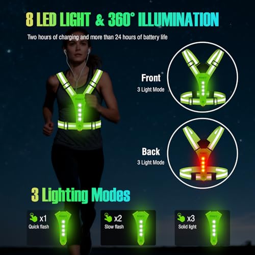 YOSKY 8 LED Running Reflective Gear Rechargeable Adjustable Running Lights Vest Safety Night Reflective Vest - color: Yellow