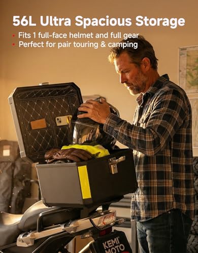 KEMIMOTO Motorcycle Top Case 56L, Motorbike Tail Box Plastic with Leather Lining, Waterproof Detachable Motorcycle Top Box with Lock & Back Cushion - size: 56L
