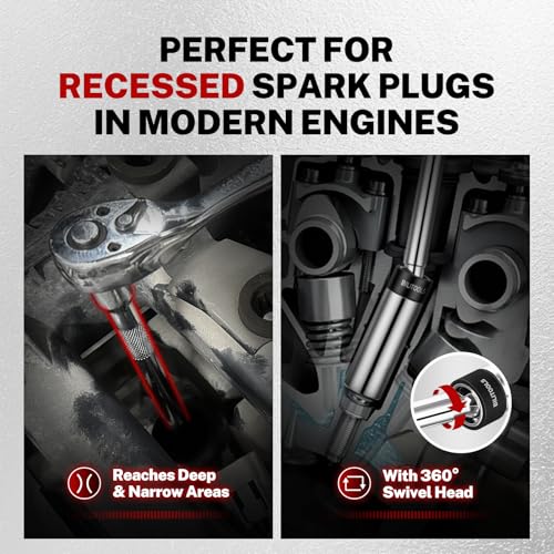 BILITOOLS 7 Piece Magnetic Swivel Spark Plug Socket Set with Gap Tool, 3/8-Inch Drive, 9/16'', 5/8'', 14mm, 16mm, 6 & 12 Point, CR-V