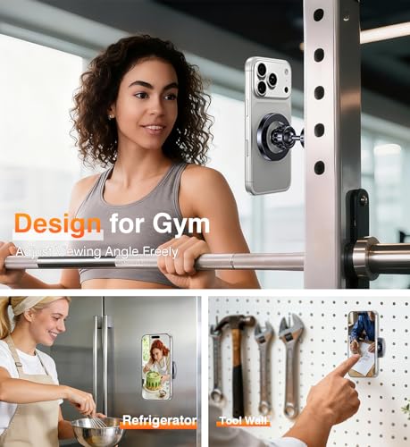 Romuto Magnetic Phone Holder for Gym Mag Safe Phone Holder【Dual Grip】 Gym Phone Holder Magnet Phone Camera Mount for Gym Accessories for Mothers Gift Attach to Metal Surface with iPhone 17 Pro Max 16