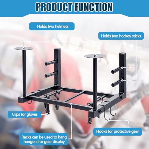18.1 x 14.2 x 11.2 Inches Hockey Gear Drying Rack Wall Mount Ice Hockey Stick Holder with 4 Hooks and 4 Clips Metal Equipment Dryer Display Storage Organizer for Lacrosse