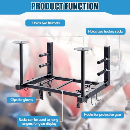 18.1 x 14.2 x 11.2 Inches Hockey Gear Drying Rack Wall Mount Ice Hockey Stick Holder with 4 Hooks and 4 Clips Metal Equipment Dryer Display Storage Organizer for Lacrosse