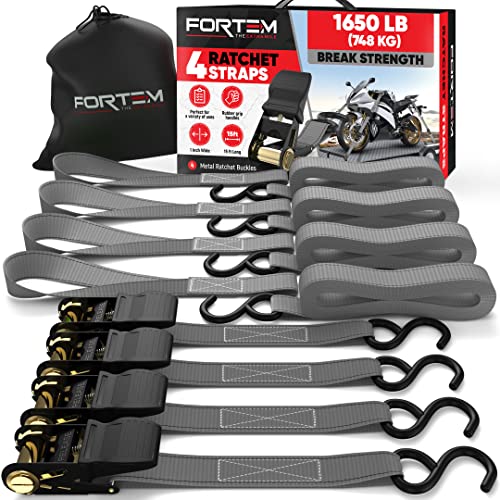 FORTEM Ratchet Straps, Tie Down Strap Set 1650lb Break Strength, 4 Pack 15ft x 1in, 4 Soft Loops, Moving Straps Tie Downs, Cargo Cam Buckles for Trucks, Carry Bag, for Men - color: Grey