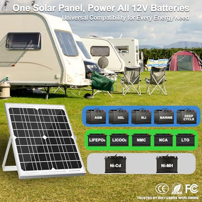 SOLPERK Solar Panel Kit 20W 12V, Waterproof Solar Battery Trickle Charger Maintainer + Smart MPPT Controller + Adjustable Mount Bracket for Boat Car RV Motorcycle Marine Automotive - size: 20W