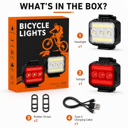 Bright Bike Lights Set for Night Riding, 9+9 Modes Rechargeable eBike Lights Front and Back, Waterproof Bicycle Lights, Bike Headlight and Tail Light Set for MTB, Off-Road & City Riding