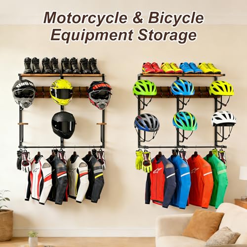6-in-1 Motorcycle Helmet Rack with Hooks & Shelves, Helmet Wall Mounted Organizer for 6 Helmets, Gear & Accessories, Heavy-Duty Storage for Garage & Entryway - size: Large