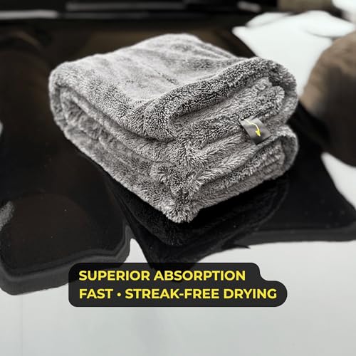Sleek Max Dry 2000GSM Car Drying Towel 20x31, Black | Ultra-plush twist-loop microfiber, maximum absorption, paint-safe, double-sided, for cars, trucks, SUVs & full-vehicle drying - color: Black