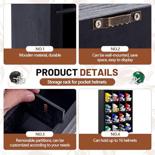 Colingmill 1 Pack Mini Helmet Display Case Pocket Size Football Helmets Wooden Stand Display Cabinet Wall Racks, 11.54"x10.35"x2.4", 4x4 Grid, Black, No Door No Cover(Black) - color: Black