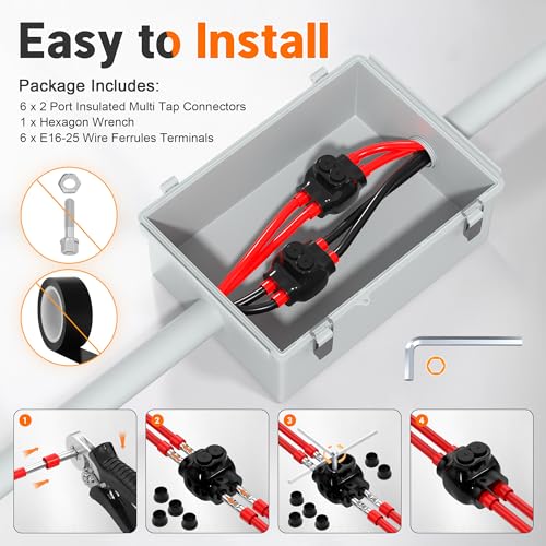 2 Port Insulated Multi Tap Connector 4-14AWG Aluminum to Copper Wire Connectors Dual Entry Black Electrical Cable Connectors with Slotted Allen Hex - 6 Pack - size: 4-14 AWG