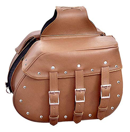 Motorcycle Large Saddle Tan Color Studed 3 Strap Real Leather Saddlebag Biker