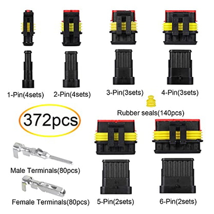372Pcs Waterproof Automotive Electrical Connectors Quick Connect and Disconnect Wire Connector Terminals 1/2/3/4/5/6 Pin Connectors Kit (18 Sets) - style: 372 pcs