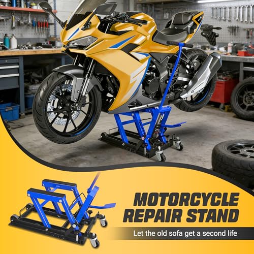 1500 Lbs Hydraulic Moto Lift, Foot-Operated, 3-Speed Lock & Belts, Blue | 1500 Lbs Hydraulic Moto Lift, Foot-Operated Jack, 9.4"-14" Height, 3-Speed Lock, 2 Ratchet Belts, for ATV/UTV - color: Blue