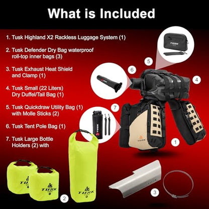TUSK Highland X2 Rackless Luggage System w/Small Dry Duffel/Large Bottle Holders Compatible with KTM/Husky 690-701 Heat Shield Black/Tan - color: Black/Tan, size: Small Dry Duffel/Large Bottle Holders, style: Ktm/Husky 690-701 Heat Shield