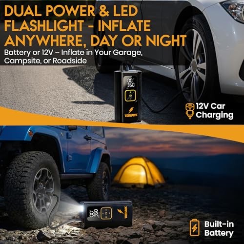 Portable Tire Inflator Air Compressor for Car Tires, Dual Cylinder, Cordless Air Pump for Car, Truck, SUV, 160 PSI, Dual Power, 7500mAh Battery, 12V DC, LED Light & Auto Shut-Off