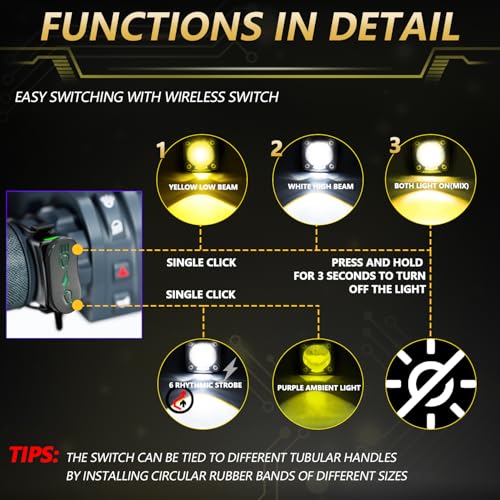 MONDEVIEW LED Motorcycle Auxiliary Light Kit, 5 Modes, Spot Driving Lights, Compatible with Tractor Truck ATV UTV SUV Boat, Yellow white - color: Yellow white