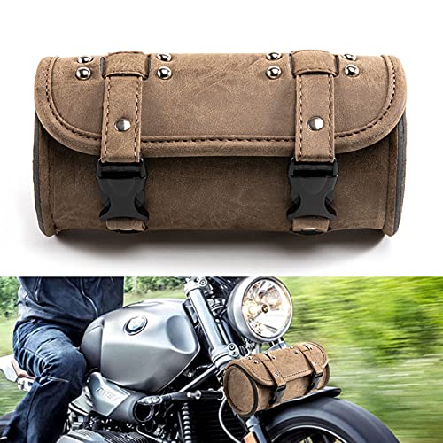 Universal Motorcycle Handlebar Bag, PU Leather Adjustable Fork Bag, Sissy Bar Tool Bags, Motorcycle Saddle Bags with Quick Release Buckles (Brown), (APE-MTGB38) - color: Brown 2