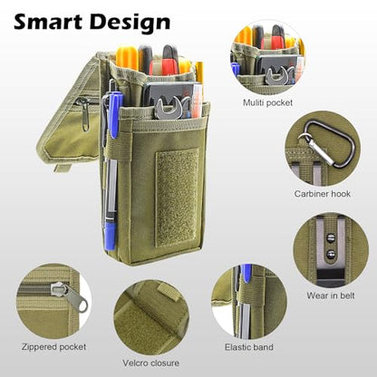 Belt Tool Pouch, Tactical Utility Organizer with Cell Phone Holder, Durable Heavy-Duty 1000D Nylon EDC Multitool Holster with Multi-Pockets for Electricians, Handymen, Work, Hiking, Daily Use - color: Army green