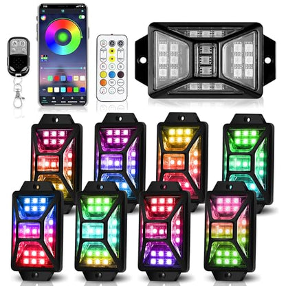 8 Pods Full Angle RGB Rock Lights Compatible with 12V Trucks Jeep UTV SUV ATV Boat Golf Cart, Waterproof, Multi-Color,Brake Light, App/Remote Control Led Rock Lights with Music Mode(Patented) - size: 8 Pods-Full Angle-(New 3 Control Mode)-12V