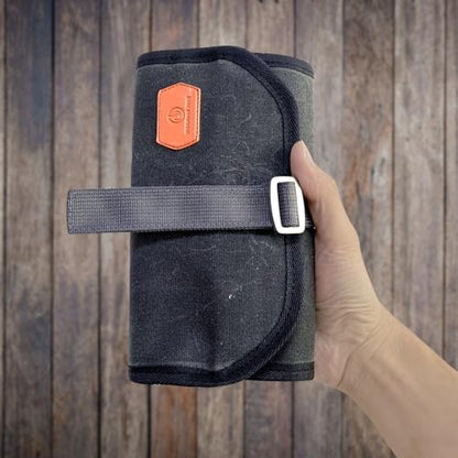 Roaring Fire Pioneer Mini Tool Roll Bag - Waxed Canvas Roll Up Pouch, YKK Zipper, 4 Mesh & 8 Elastic Loops for Wrenches, Survival, EDC - Gift for Dad