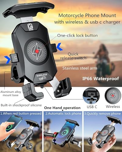 KEWIG Motorcycle Phone Mount Qi 15W Wireless & USB C 20W Fast Chargeing Port, Automatically Lock & Quick Release Handlebar Cell Phone Holder for 4-7'' Phones