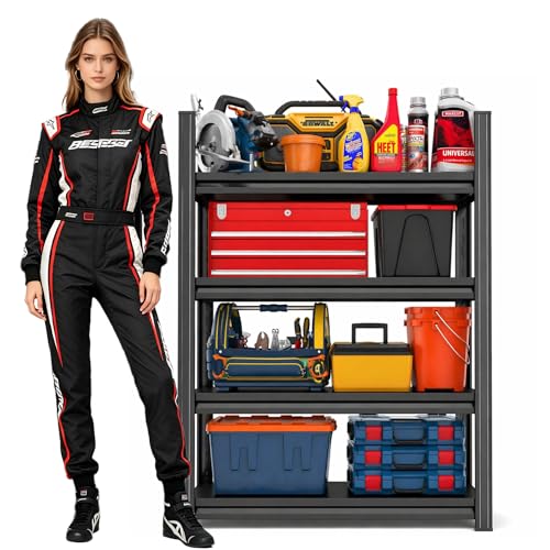 32" W Garage Shelves Heavy Duty 4-Tier, Adjustable Metal Storage Shelf with Fences, Organizer Rack for Garage, Basement, Pantry & Warehouse, Black, 53 Inches High - size: 4 Tier | 53" H x 32" W x 12" D