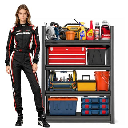 32" W Garage Shelves Heavy Duty 4-Tier, Adjustable Metal Storage Shelf with Fences, Organizer Rack for Garage, Basement, Pantry & Warehouse, Black, 53 Inches High - size: 4 Tier | 53" H x 32" W x 12" D