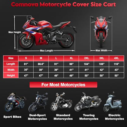 Comnova Motorcycle Cover 116 Inch - 600D Outdoor Motorbike Cover Waterproof with Lock Hole, Universal Fit for Harley, Honda, Kawasaki, Full Protection, Moped Covers for Motorcycle Vehicle Up to 116" - size: Basic - 116 Inch