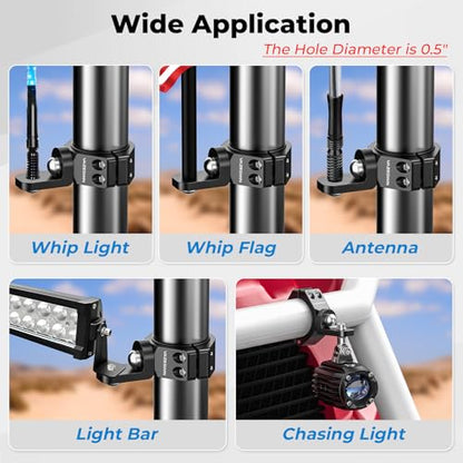VAZESWIN 2PCS Thickened UTV Whip Light Mount, Solid Aluminium Alloy UTV Flag Mount, Heavy Duty Light Bar Mounting Bracket 360° Rotation Adjustable Roll Bar Clamp for 1.5"/1.75"/1.85"/2"/2.1" Roll Cage